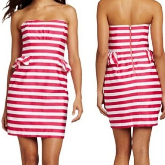 Lilly Pulitzer Maybell Dress Azalea Pink Stripe Size 2 Strapless Peplum Ruffle - Picture 1 of 9